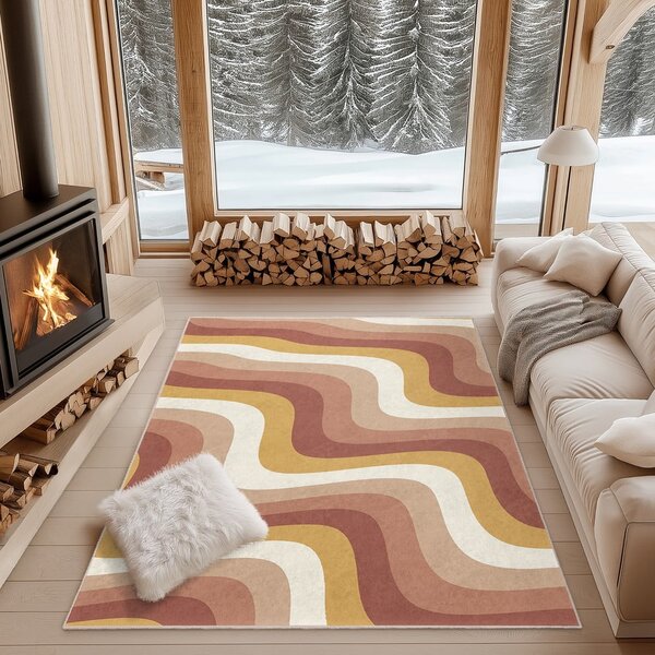 Килим подходящ за пране в цвят жълта охра и сиво-розово 60x100 cm Creamy Strawberry Swirl – Mila Home