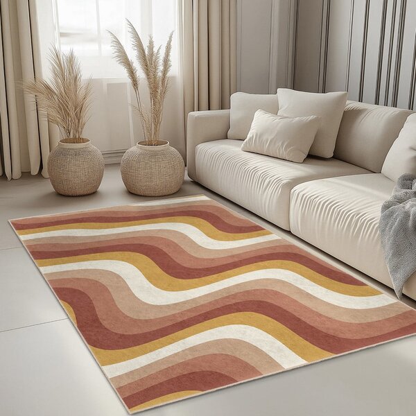Килим подходящ за пране в цвят жълта охра и сиво-розово 60x100 cm Creamy Strawberry Swirl – Mila Home