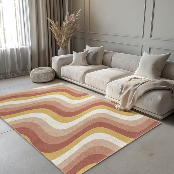 Килим подходящ за пране в цвят жълта охра и сиво-розово 60x100 cm Creamy Strawberry Swirl – Mila Home