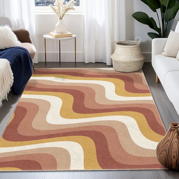 Килим подходящ за пране в цвят жълта охра и сиво-розово 60x100 cm Creamy Strawberry Swirl – Mila Home