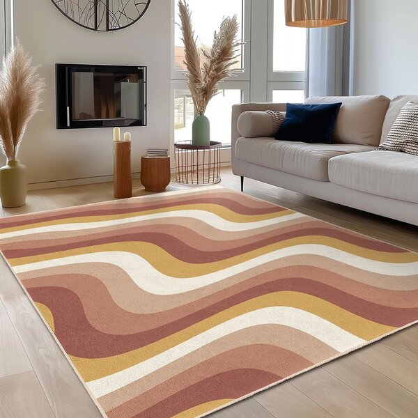 Килим подходящ за пране в цвят жълта охра и сиво-розово 60x100 cm Creamy Strawberry Swirl – Mila Home