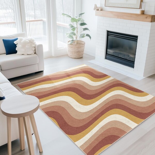 Килим подходящ за пране в цвят жълта охра и сиво-розово 60x100 cm Creamy Strawberry Swirl – Mila Home