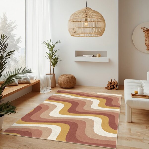Килим подходящ за пране в цвят жълта охра и сиво-розово 60x100 cm Creamy Strawberry Swirl – Mila Home