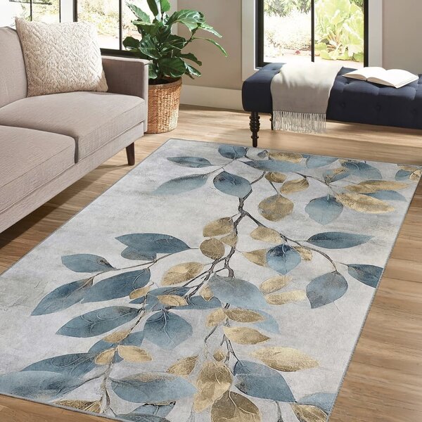 Светлосиньо-златист килим подходящ за пране 160x230 cm Golden Leaves – Mila Home