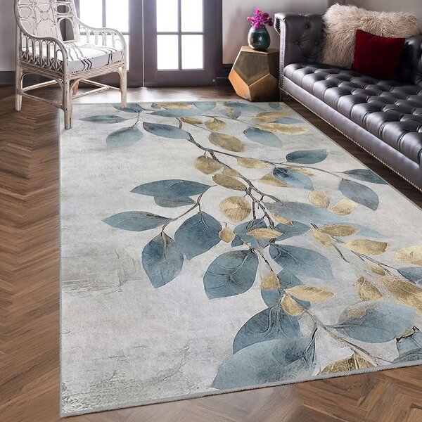 Светлосиньо-златист килим подходящ за пране 160x230 cm Golden Leaves – Mila Home