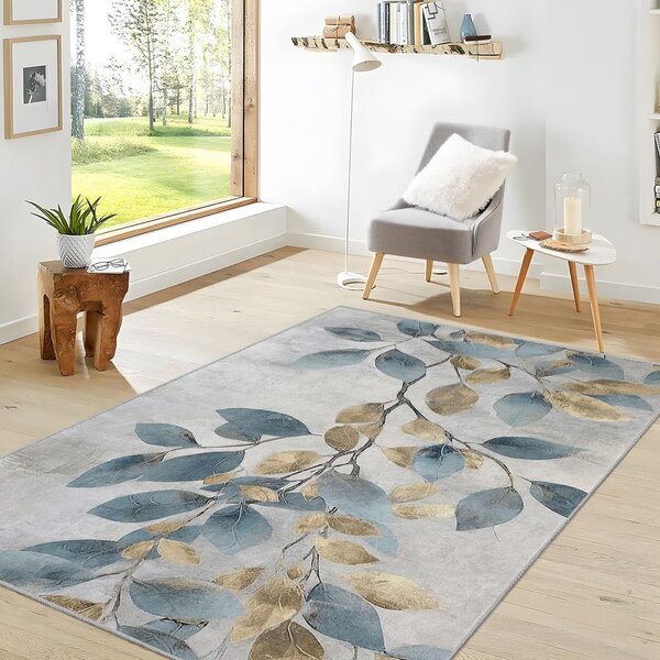 Светлосиньо-златист килим подходящ за пране 160x230 cm Golden Leaves – Mila Home