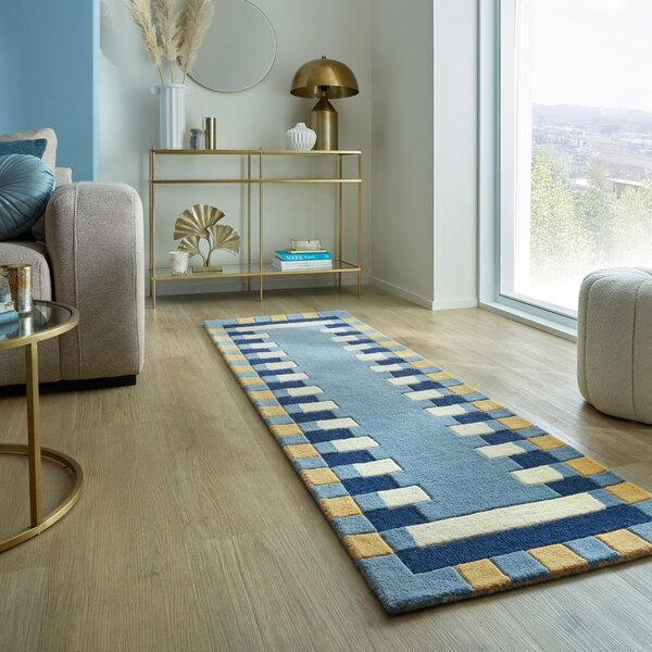Синя ръчно изработена вълнена пътека 60x230 cm Kai Wool Border – Flair Rugs