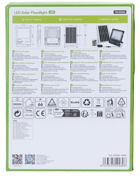 Aigostar - LED RGB соларен прожектор 100W, 3,2V, IP66, димер + DO
