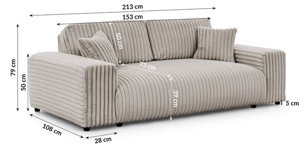 Светлосив диван от рипсено кадифе 213 cm Justin – Ropez