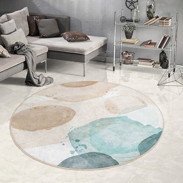 Синьо-бежов кръгъл килим подходящ за пране ø 100 cm Puddle – Mila Home