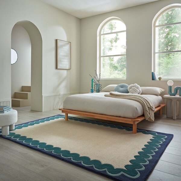 Ръчно изработен вълнен килим в естествен цвят/тюркоазен 140x200 cm Wiggle Wool – Flair Rugs