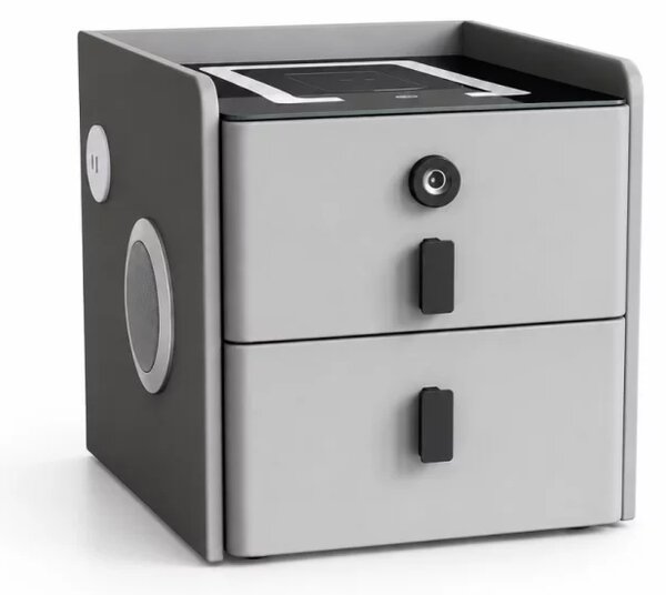 Тънко интелигентно нощно шкафче с безжично зареждане, LED осветление, Bluetooth високоговорител, USB и Type-C порт и система за пръстов отпечатък – антрацитносив цвят, 2 чекмеджета, модерен дизайн от стъкло и дърво