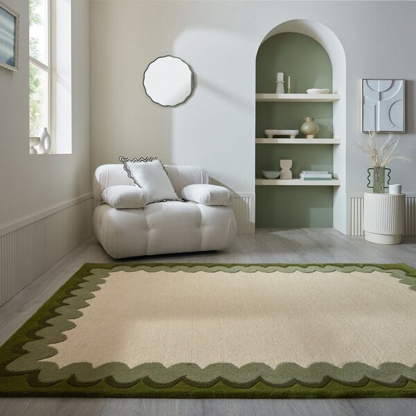 Зелен/в естествен цвят ръчно изработен вълнен килим 140x200 cm Wiggle Wool – Flair Rugs