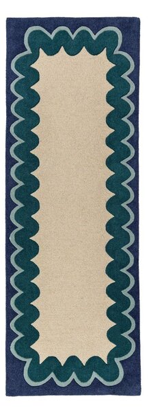 Ръчно изработена вълнена пътека в естествен цвят/тюркоазена 80x230 cm Wiggle Wool – Flair Rugs