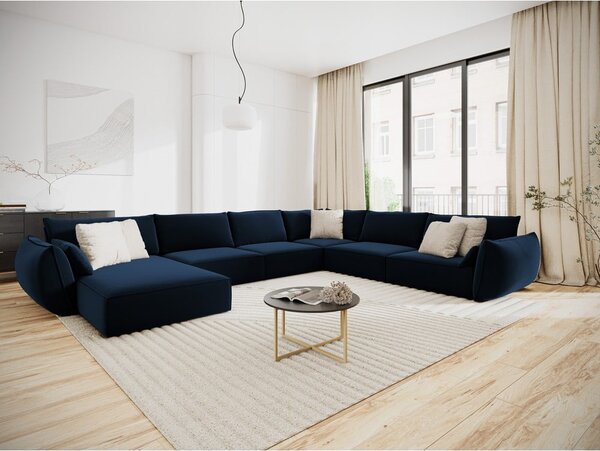 Тъмносин кадифен ъглов диван (десен ъгъл/U форма) Vanda – Mazzini Sofas