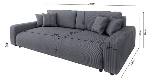 Тъмносив разтегателен диван с място за съхранение от рипсено кадифе 234 cm Sara – Ropez