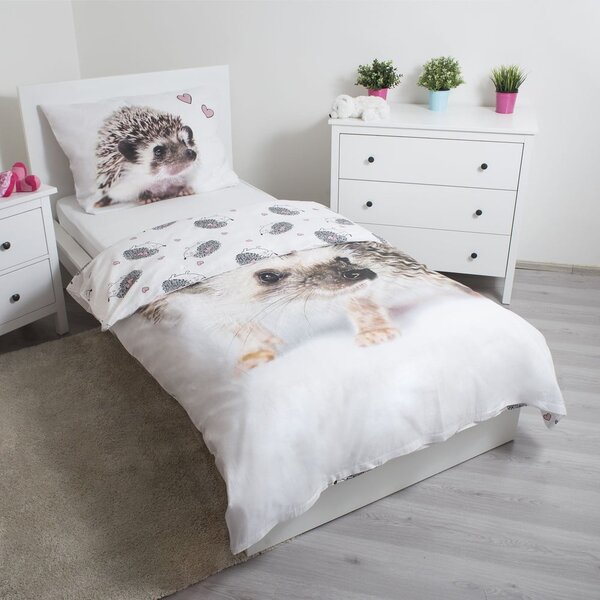 Бяло-кафяво единично памучно детско спално бельо 140x200 cm Hedgehog – Jerry Fabrics
