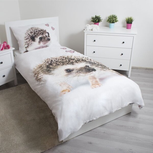Бяло-кафяво единично памучно детско спално бельо 140x200 cm Hedgehog – Jerry Fabrics