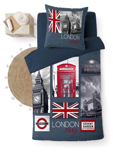 Тъмносиньо единично памучно спално бельо 140x200 cm City London – douceur d'intérieur