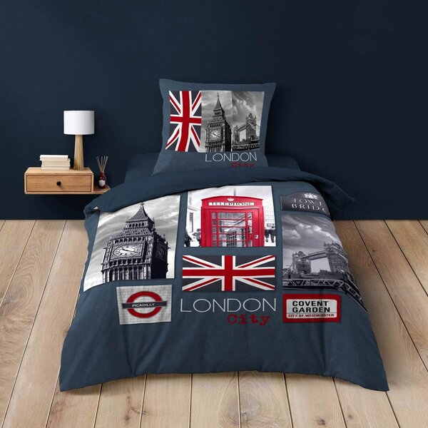 Тъмносиньо единично памучно спално бельо 140x200 cm City London – douceur d'intérieur