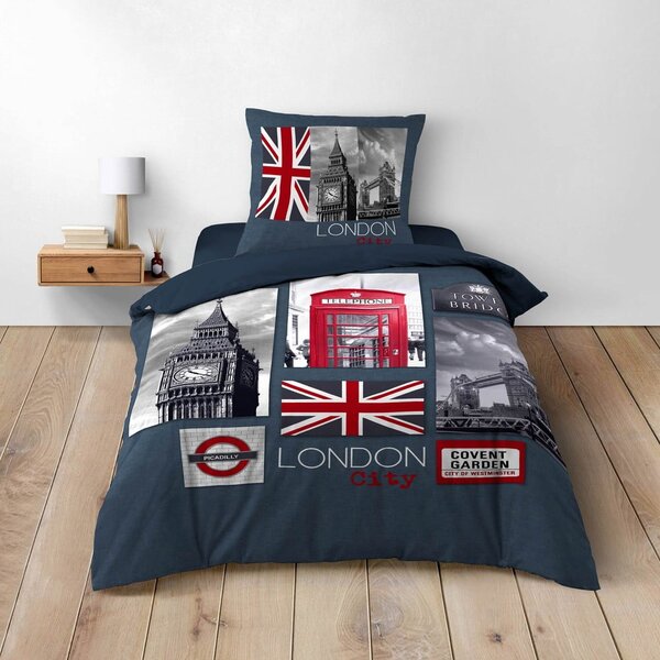 Тъмносиньо единично памучно спално бельо 140x200 cm City London – douceur d'intérieur