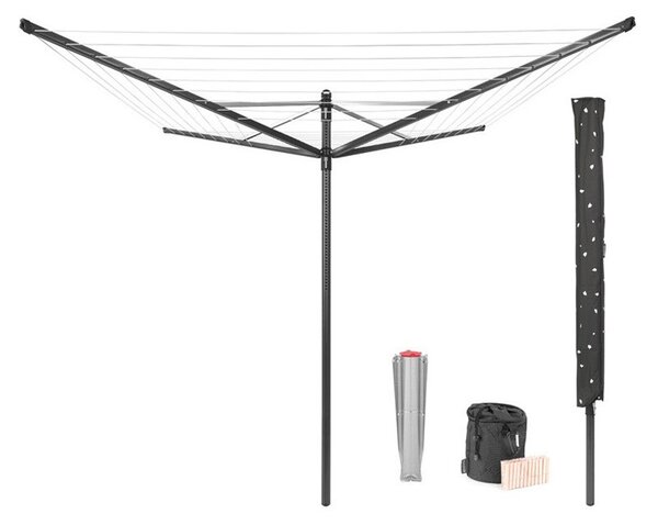 Външен простор Brabantia Lift-O-Matic 1003467, 50 м, Регулируема височина, Метален шиш за вкопаване, Калъф, Торба с щипки, Резистентен на корозия, Черен