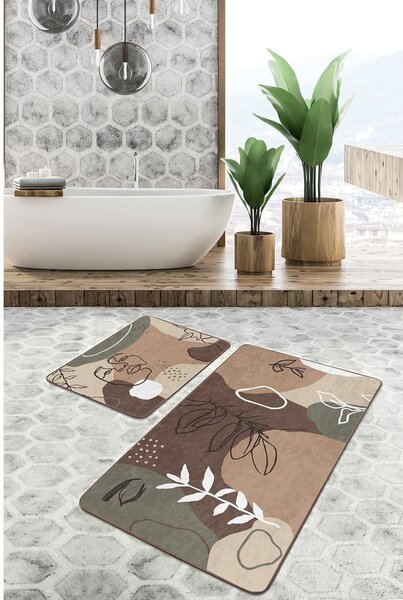 Кафяви кадифени постелки за баня в комплект от 2 бр. 60x100 cm Abstract Faces – Mila Home
