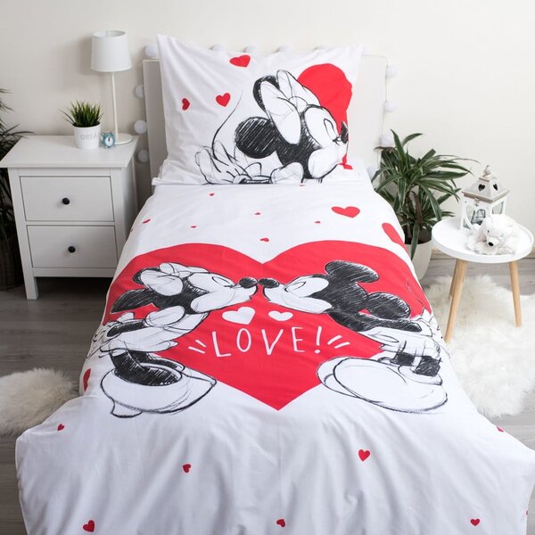 Червено-бяло единично памучно детско спално бельо 140x200 cm Mickey and Minnie "Love" – Jerry Fabrics