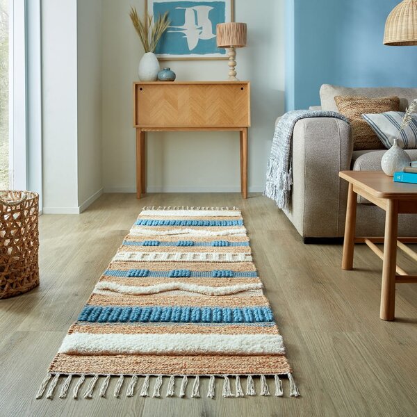 Синьо-естествена ръчно изработена пътека със смес от юта 60x230 cm Medina Jute – Flair Rugs