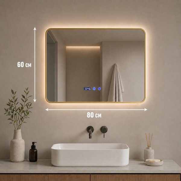 Огледало за баня с LED осветление и функция против изпотяване - Златиста рамка 80x60 cm
