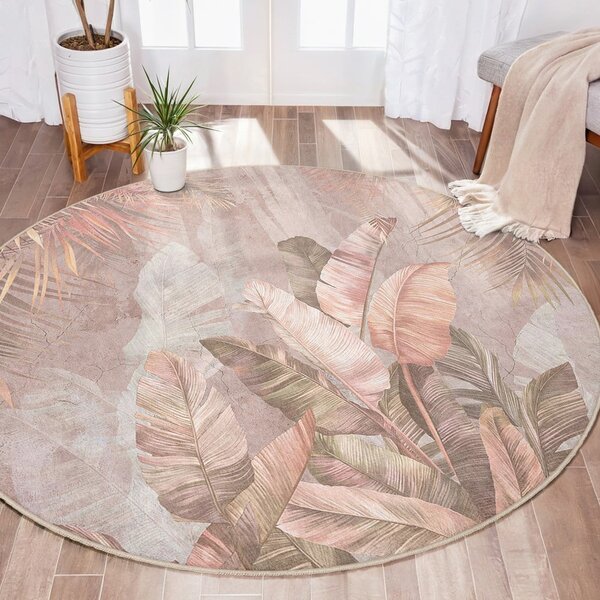 Светлорозов кръгъл килим подходящ за пране ø 80 cm Dusty Leaves – Mila Home