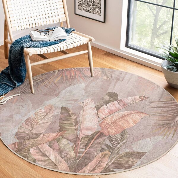 Светлорозов кръгъл килим подходящ за пране ø 80 cm Dusty Leaves – Mila Home
