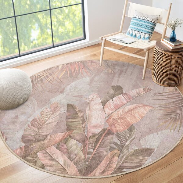 Светлорозов кръгъл килим подходящ за пране ø 80 cm Dusty Leaves – Mila Home
