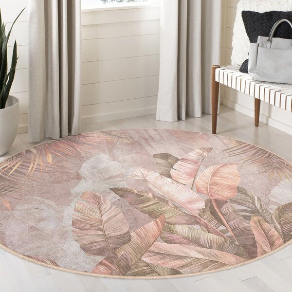 Светлорозов кръгъл килим подходящ за пране ø 80 cm Dusty Leaves – Mila Home
