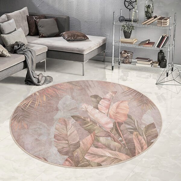 Светлорозов кръгъл килим подходящ за пране ø 80 cm Dusty Leaves – Mila Home