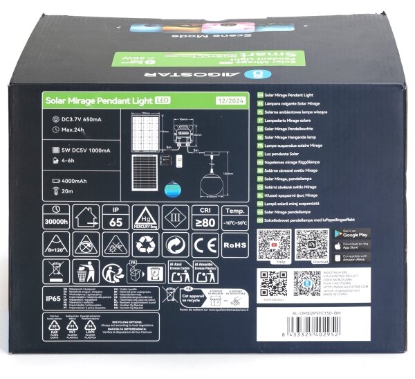Aigostar LED RGBW MESH соларен полилей 20W/3,7V 4000 mAh 2700K-6500K IP65, диаметър 15 cm