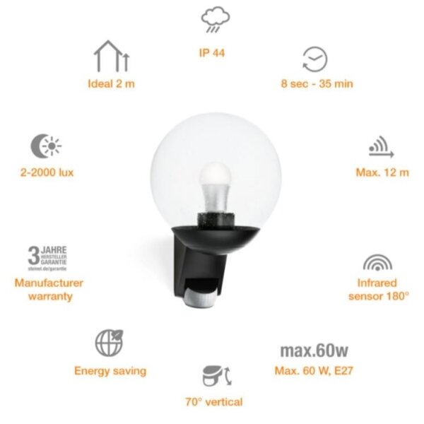 STEINEL 005535 - Екстериорен аплик със сензор L585S 1xE27/60W черен IP44