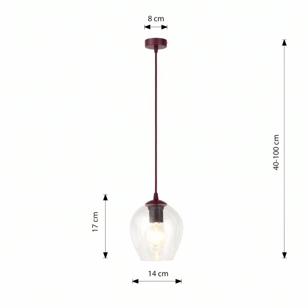 Полилей на кабел ISTAR 1xE27/15W/230V Ø 14 см червен/прозрачен