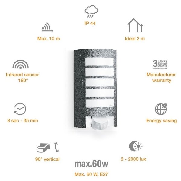 STEINEL 657819 - Екстериорен аплик със сензор L12 1xE27/60W/230V IP44