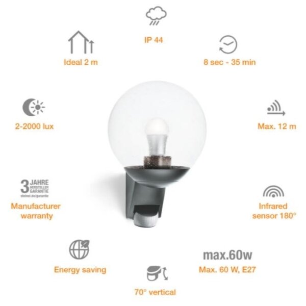 Steinel 035723 - Екстериорен аплик със сензор L585S 1xE27/60W/230V IP44