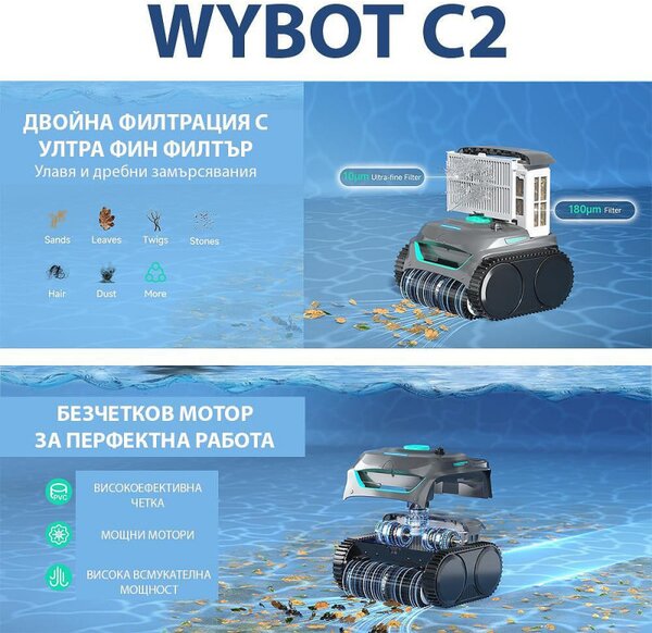 Безкабелен робот за басейни Wybot C2, 65W, 180 мин, 200 м2, Двойна филтрация, Автономни функции, Черен