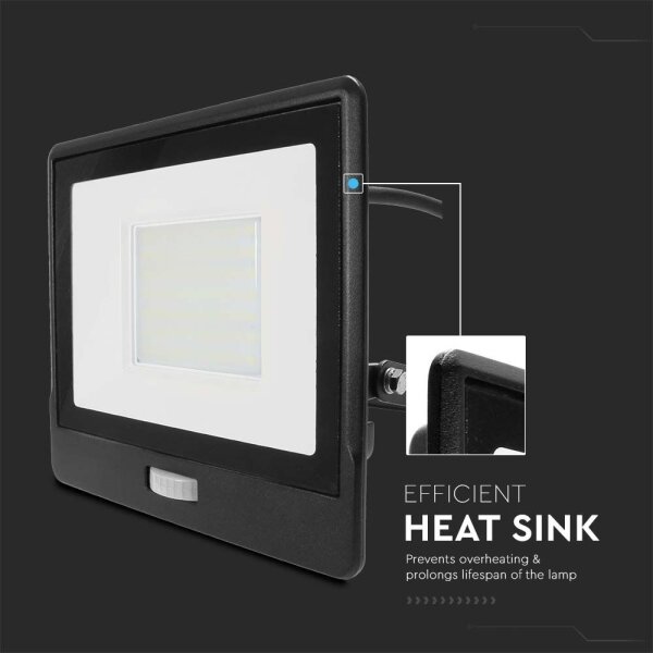 LED прожектор с датчик 50W 230V 6500K IP65 черен