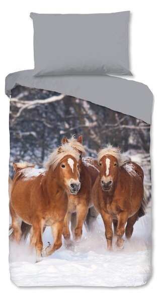 Сиво единично фланелено детско спално бельо 140x200 cm Happy Horses – Good Morning