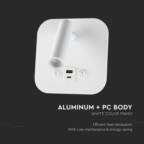 LED стенен точков аплик с USB порт LED/8W/230V 3000K бял
