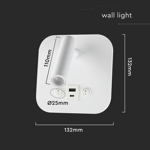 LED стенен точков аплик с USB порт LED/8W/230V 3000K бял