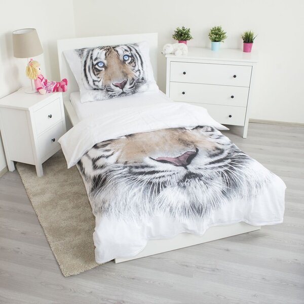 Бяло-сиво единично памучно детско спално бельо 140x200 cm White Tiger – Jerry Fabrics