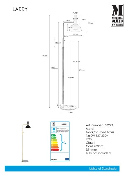 Markslöjd 106972 - Димируема Стояща лампа LARRY 1xE27/60W/230V черна/златна