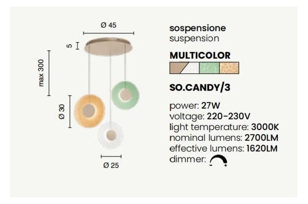 Пендел CANDY/3 LED, многоцветен