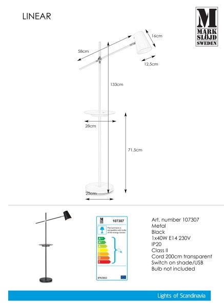 Markslöjd 107307 - Стояща лампа s USB LINEAR 1xE14/40W/230V