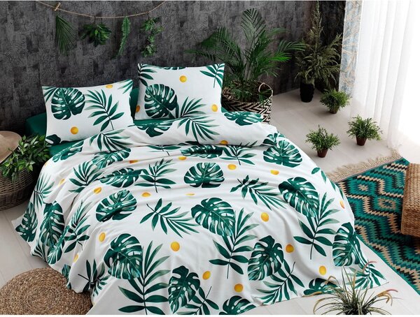 Комплект от памучно шалте и 2 калъфки за възглавници Masso Jungle, 200 x 220 cm Kapitone Monstera - Mijolnir